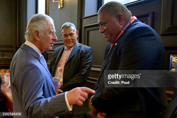 Britain's Prince Charles, Prince of Wales speaks to the President of Fiji, Ratu Wiliame Katonivere as they attend the Birmingham 2022 Commonwealth...