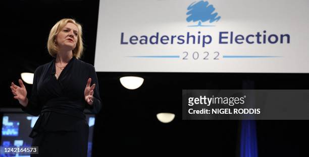 Contender to become the country's next Prime minister and leader of the Conservative party British Foreign Secretary Liz Truss speaks as she takes...