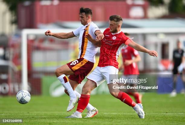 Sligo , Ireland - 28 July 2022; Barry Maguire of Motherwell in action against David Cawley of Sligo during the UEFA Europa Conference League 2022/23...