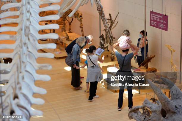 Visitors listen to the guide in the MUSE science museum which reopened today after the lockdown on June 02, 2020 in Trento, Italy. Many Italian...