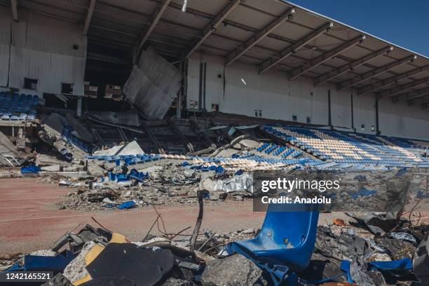 View of the damage at a football stadium after a shelling in Bakhmut, Ukraine on July 28, 2022.