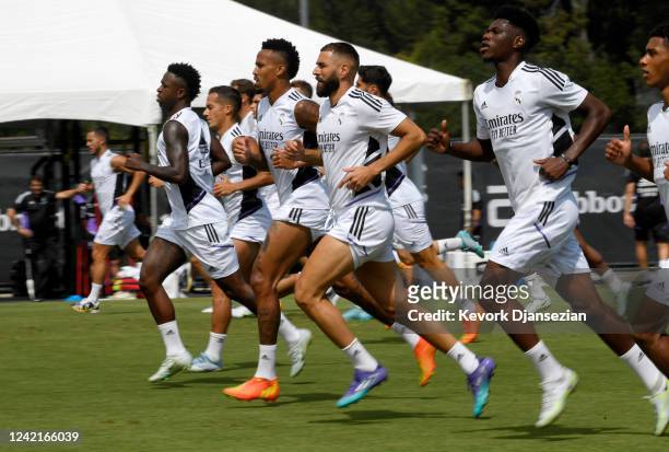 Karim Benzema and Aurelien Tchouameni of Real Madrid during a training session at the Wallis Annenberg Stadium on the campus of UCLA on July 28, 2022...