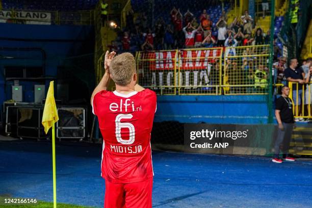 Fredrik Midtsjo of AZ Alkmaar celebrates the victory during the second qualifying round of the Conference League match between FK Tuzla City and AZ...