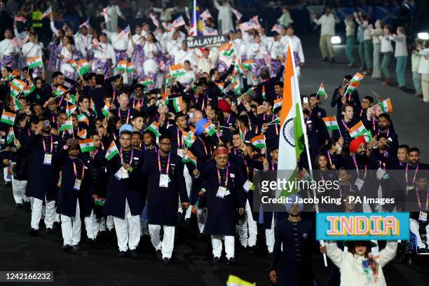 General view of the India team as athletes parade during the opening ceremony of the Birmingham 2022 Commonwealth Games at the Alexander Stadium,...