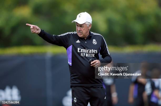 Manager Carlo Ancelotti of Real Madrid during a training session at the Wallis Annenberg Stadium on the campus of UCLA on July 28, 2022 in Los...