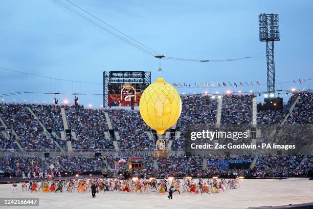 General view of performers as Ginny Lemon appears inside a ballon during the opening ceremony of the Birmingham 2022 Commonwealth Games at the...