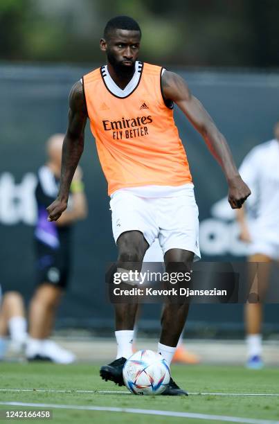 Antonio Rudiger of Real Madrid during a training session at the Wallis Annenberg Stadium on the campus of UCLA on July 28, 2022 in Los Angeles,...
