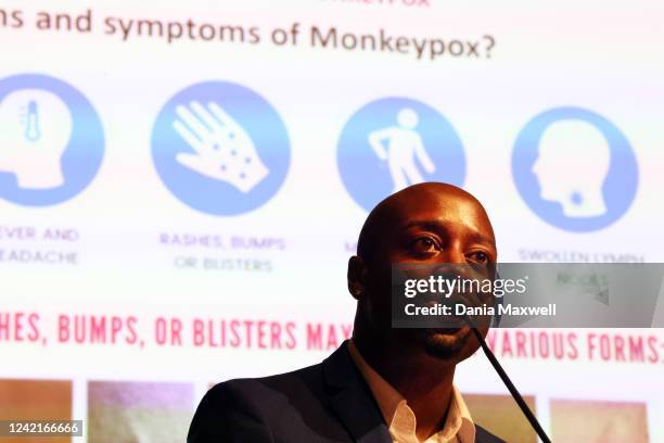 Los Angeles, CA Dr. Leo Moore speaks during a town hall about monkeypox at the West Hollywood City Council Chambers on Wednesday, July 27, 2022 in...