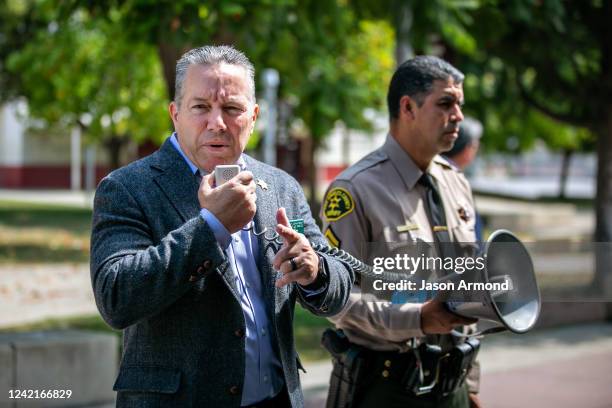 Sheriff Alex Villanueva speaks to the press as the Los Angeles County Sheriff's Department takes part in active shooter training drills at Rosemead...