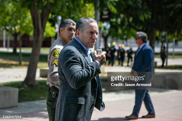 Sheriff Alex Villanueva speaks to the press as the Los Angeles County Sheriff's Department takes part in active shooter training drills at Rosemead...