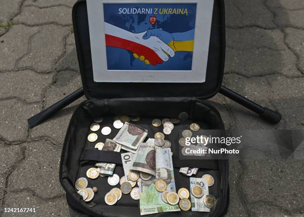 Sign with words 'In solidarity with Ukraine' seen in the main market in Rzeszow. On Thursday, July 28 in Rzeszow, Podkarpackie Voivodeship, Poland.