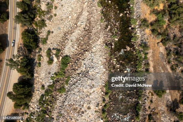 An aerial view of Merced River which flows from Yosemite Valley and runs very low west of Yosemite National Park as a result of extremely poor winter...