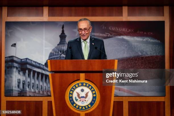 Senate Majority Leader Chuck Schumer speaks to reporters during a news conference on Capitol Hill on Thursday, July 28, 2022 in Washington, DC....