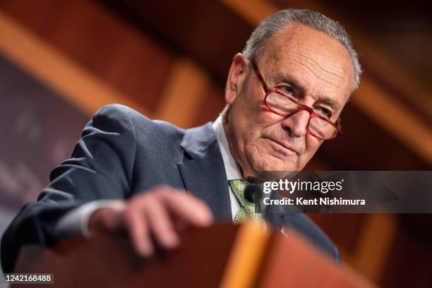 Senate Majority Leader Chuck Schumer speaks to reporters during a news conference on Capitol Hill on Thursday, July 28, 2022 in Washington, DC....