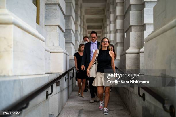 Sen. Kyrsten Sinema walks out of the U.S. Capitol Building following a vote on Thursday, July 28, 2022 in Washington, DC. A day earlier, on...