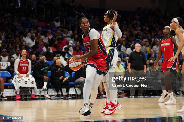 Ariel Atkins of the Washington Mystics drives to the basket during the game against the Dallas Wings on July 28, 2022 at the College Park Center in...