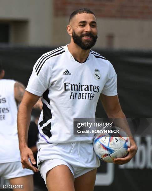 Real Madrid's French forward Karim Benzema trains at UCLA on July 28, 2022 in Los Angeles, ahead of their international friendly football match...