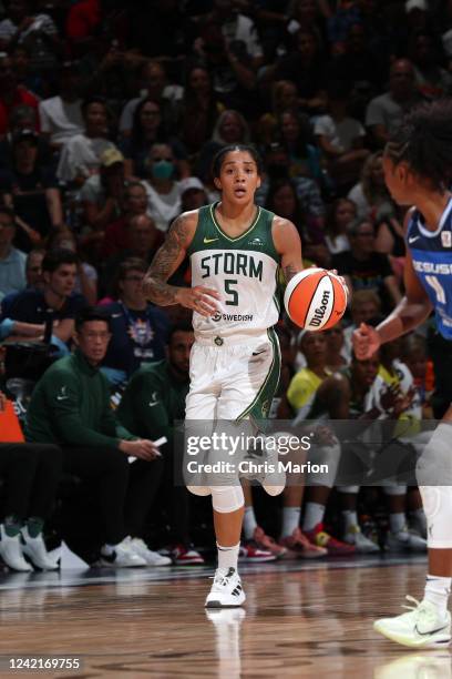 Gabby Williams of the Seattle Storm dribbles the ball during the game against the Connecticut Sun on July 28, 2022 at Mohegan Sun Arena in...