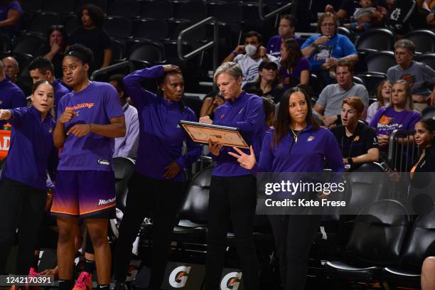 Assistant Coach Crystal Robinson talks to Head Coach Vanessa Nygaard of the Phoenix Mercury before the game against the Los Angeles Sparks on July...