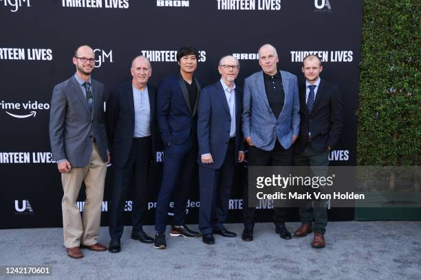 Josh Bratchley, Vernon Unsworth, Thanet Natisri, Ron Howard, Rick Stanton, and Connor Roe at the "Thirteen Lives" Los Angeles premiere held at...