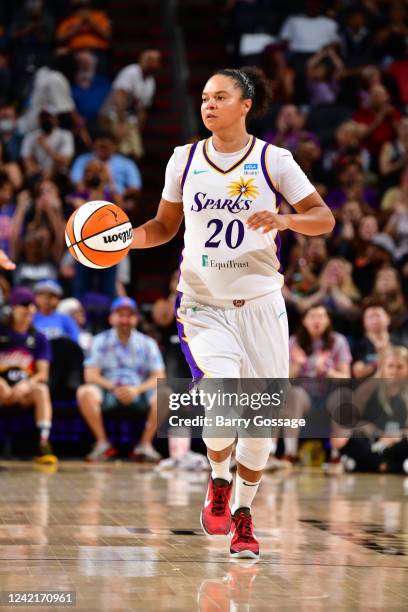 Kristi Toliver of the Los Angeles Sparks dribbles the ball during the game against the Phoenix Mercury on July 28, 2022 at Footprint Center in...