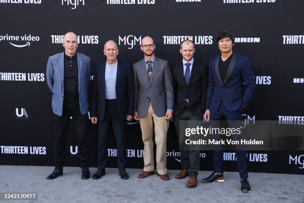 Rick Stanton, Vernon Unsworth, Josh Bratchley, Connor Roe, and Thanet Natisri at the "Thirteen Lives" Los Angeles premiere held at Regency Village...