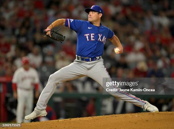 Matt Moore of the Texas Rangers earns a save in the ninth inning defeating the Los Angeles Angels at Angel Stadium of Anaheim on July 28, 2022 in...