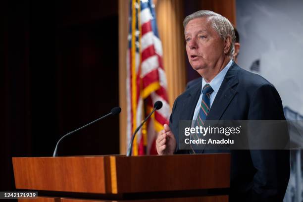 Senator Lindsey Graham and United States Senator Richard Blumenthal during a news conference on a bill to designate Russia a state sponsor of terror...