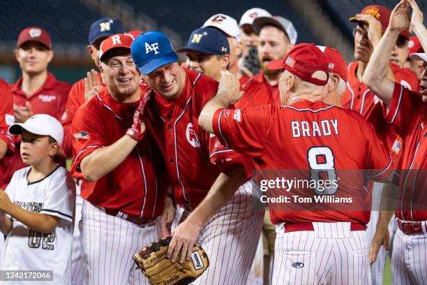 Rep. August Pfluger, R-Texas, center, is congratulated by House Minority Whip Steve Scalise, R-La., left, and Rep. Kevin Brady, R-Texas, for being...