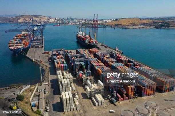 An aerial view from Port of Aliaga after containers with the export commodity fabric, were loaded onto the ships, in Izmir, Turkiye on July 29, 2022....