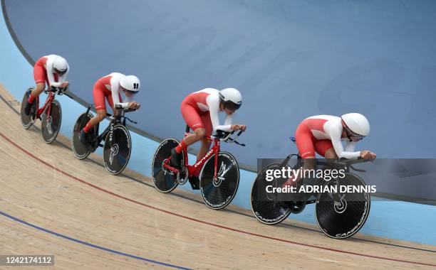 England team compete in the women's 4000M team pursuit qualifying round on day one of the Commonwealth Games, at the Lee Valley VeloPark in east...