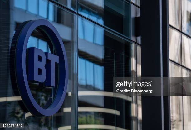 Logo on the BT Group Plc headquarters during a strike by BT Group Plc workers, in London, UK, on Friday, July 29, 2022. Tens of thousands of BT's...
