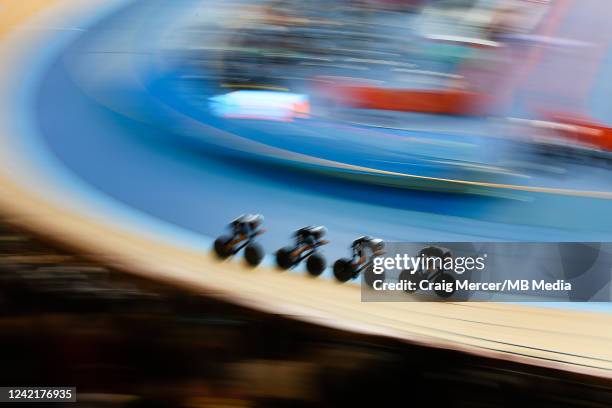 Aaron Gate, Jordan Kerby, Tom Sexton, and Campbell Stewart of Team New Zealand compete in the Men's 4000m Team Pursuit Qualifying on day one of the...