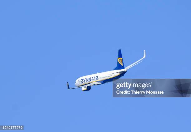 Boeing 737-8AS from Ryanair takes off from Brussels Airport on July 29, 2022 in Zaventem, Belgium. Ryanair is an Irish low-cost airline, founded in...
