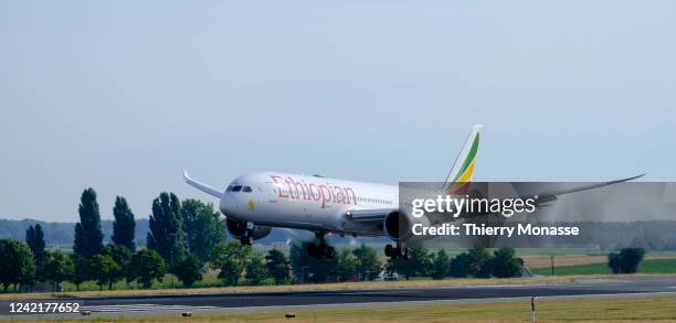 Boeing 787-9 Dreamliner from Ethiopian Airlines is landing in Brussels Airport on July 29, 2022 in Zaventem, Belgium. Ethiopian Airlines is the...