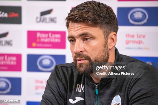 Manager Russell Martin speaks to the media during the Swansea City Press Conference at The Fairwood Training Ground on July 29, 2022 in Swansea,...