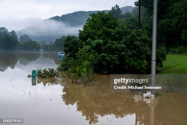 Flooding from the North Fork of the Kentucky River came over Bert T Combs Mountain Parkway outside of Jackson, Kentucky on July 29, 2022 in Breathitt...