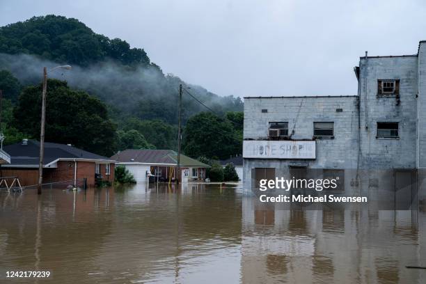Flooding in downtown Jackson, Kentucky on July 29, 2022 in Breathitt County, Kentucky. At least 16 people have been killed and hundreds had to be...