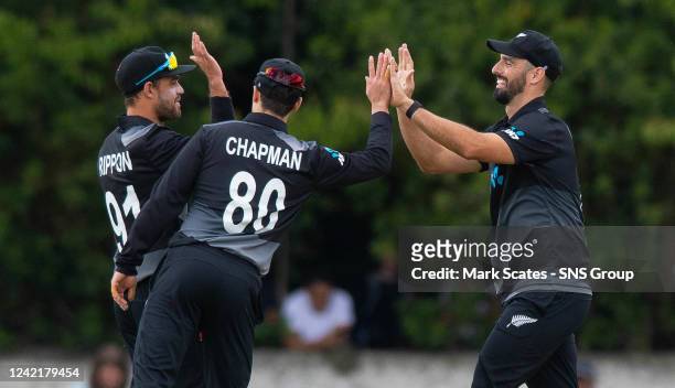 New Zealand Mark Chapman and Michael Rippon celebrate during a T20 International match between Scotland and New Zealand at The Grange, on July 29 in...