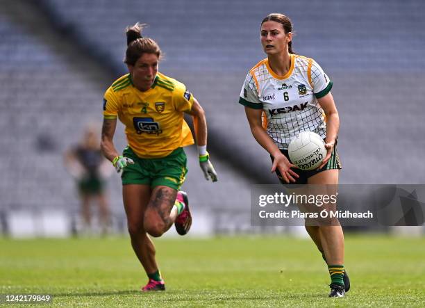 Dublin , Ireland - 16 July 2022; Emma Troy of Meath in action against Tanya Kennedy of Donegal during the TG4 All-Ireland Ladies Football Senior...