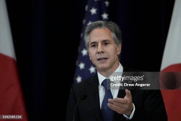 Secretary of State Antony Blinken speaks during a news conference after meeting with top Japanese Ministers at the U.S. State Department on July 29,...