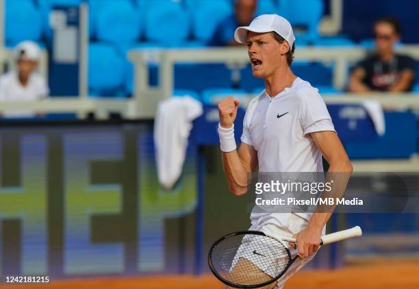 Jannik Sinner of Italy plays against Roberto Carballes Baena of Spain during Croatia Open - Day 6 at Goran Ivanisevic Stadium on July 29, 2022 in...
