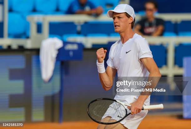 Jannik Sinner of Italy plays against Roberto Carballes Baena of Spain during Croatia Open - Day 6 at Goran Ivanisevic Stadium on July 29, 2022 in...