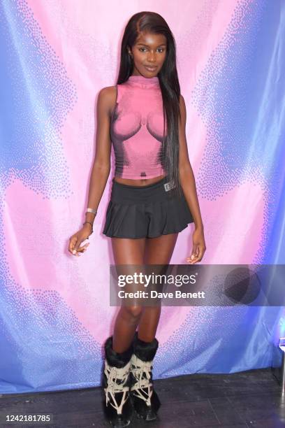 Leomie Anderson attends the LAPP pop-up launch party at The Truman Brewery on July 29, 2022 in London, England.