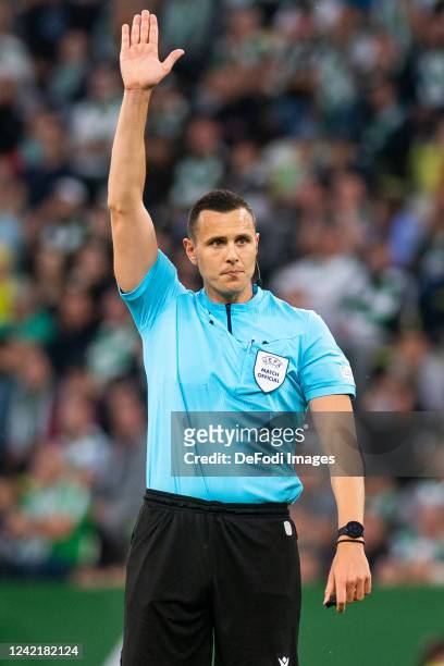 Referee Alessandro Dudic gestures during the Men Volleyball Nations League match between Poland and Netherland on July 9, 2022 in Gdansk, Poland.