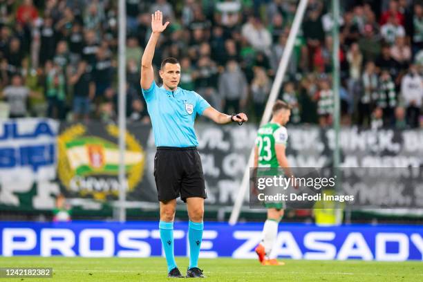 Referee Alessandro Dudic gestures during the Men Volleyball Nations League match between Poland and Netherland on July 9, 2022 in Gdansk, Poland.