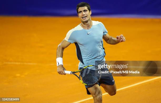 Carlos Alcaraz of Spain play against Facundo Bagnis of Argentina during Croatia Open - Day 6 at Goran Ivanisevic Stadiumon July 29, 2022 in Umag,...
