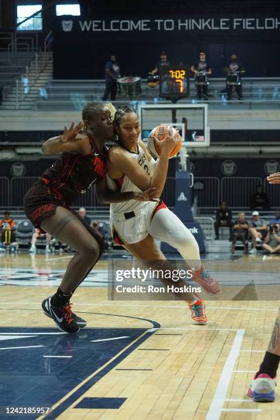 Ja Wilson of the Las Vegas Aces drives to the basket during the game against the Indiana Fever on July 29, 2022 at Hinkle Fieldhouse in Indianapolis,...