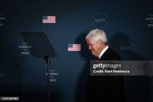 Former Speaker of the House Newt Gingrich arrives on stage for a panel ahead of a speech by Former President Donald Trump at the America First Policy...