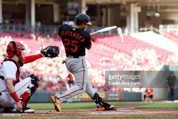 Anthony Santander of the Baltimore Orioles hits a single during the second inning of the game against the Cincinnati Reds at Great American Ball Park...